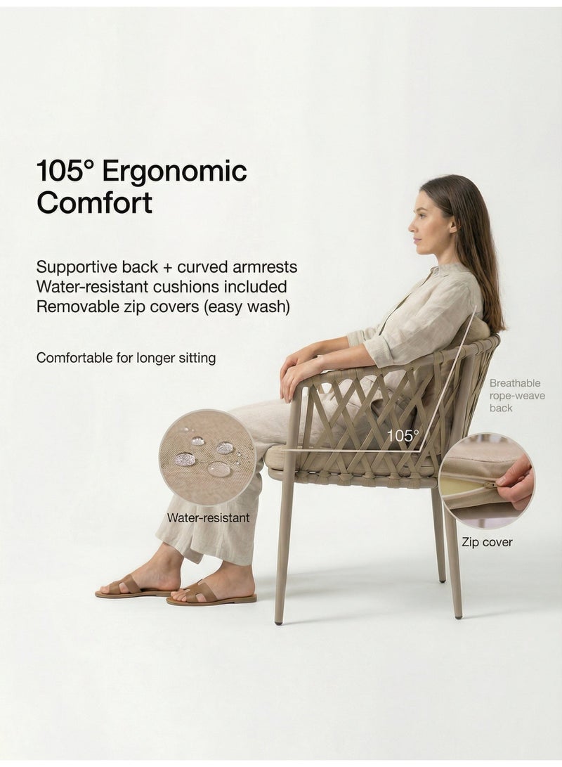 صن رايز طقم طاولة وكراسي خارجية 5 قطع من الألمنيوم، طاولة دائرية و4 كراسي بحبل منسوج مع وسائد، للتراس والحديقة والشرفة - Image 4